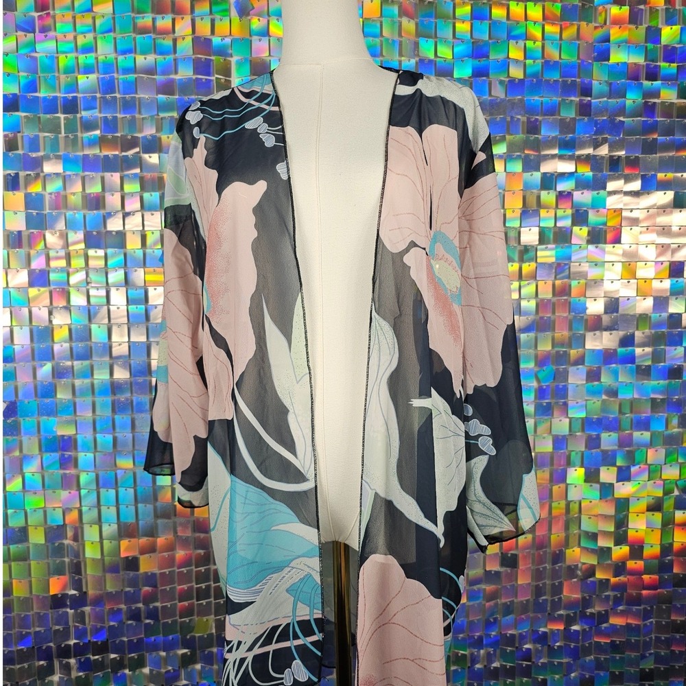 Floral Chiffon Kimono Womens OS‎ Pink Navy Good Sheer Open Front Boho - Picture 2 of 7